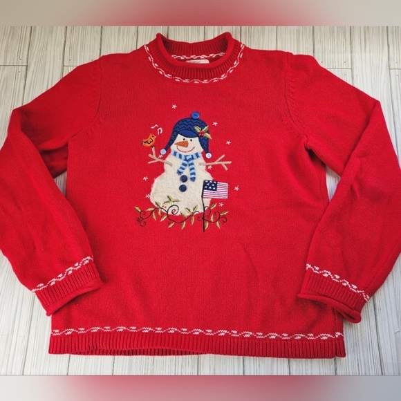 Vintage Embroidered Knit Snowmen and Flag Mock Neck Sweater in Red & White Sz Sm - Picture 5 of 11